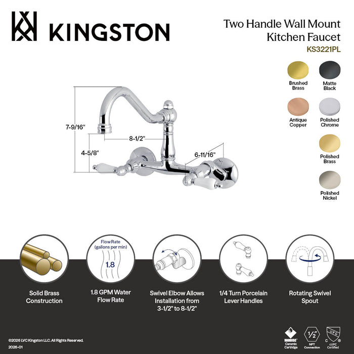 Kingston Heirloom KS3220PL - Vintage Two-Handle 2-Hole Wall Mount Bridge Kitchen Faucet, Matte Black