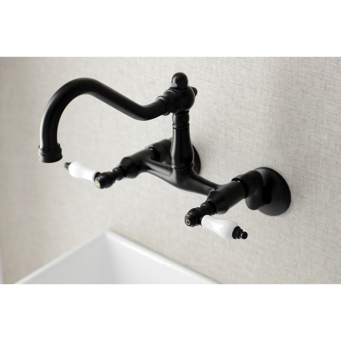 Kingston Heirloom KS3220PL - Vintage Two-Handle 2-Hole Wall Mount Bridge Kitchen Faucet, Matte Black