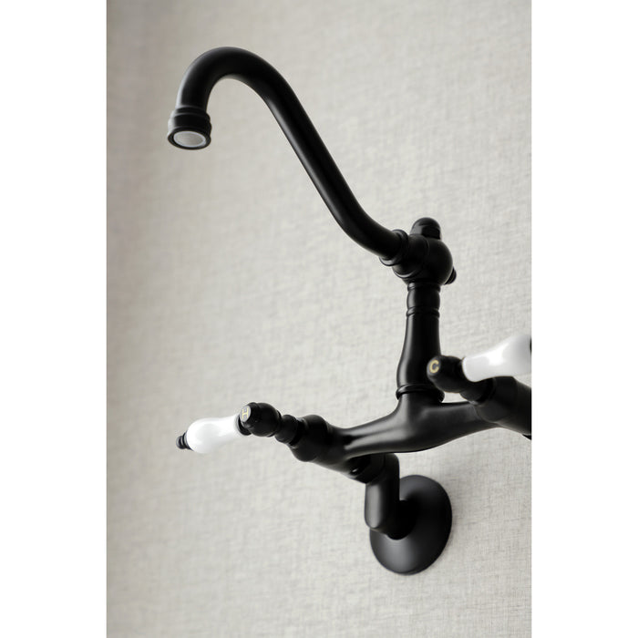 Kingston Heirloom KS3220PL - Vintage Two-Handle 2-Hole Wall Mount Bridge Kitchen Faucet, Matte Black