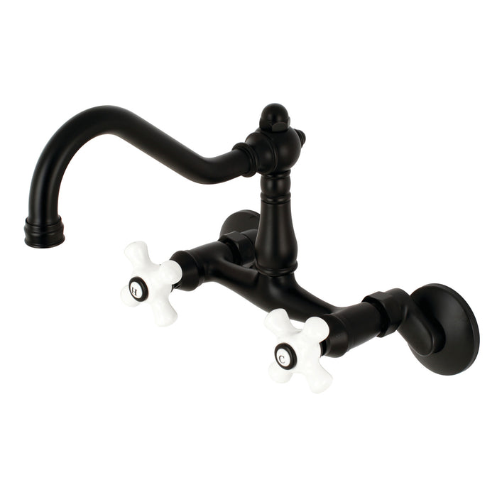Kingston Heirloom KS3220PX - Vintage Two-Handle 2-Hole Wall Mount Bridge Kitchen Faucet, Matte Black