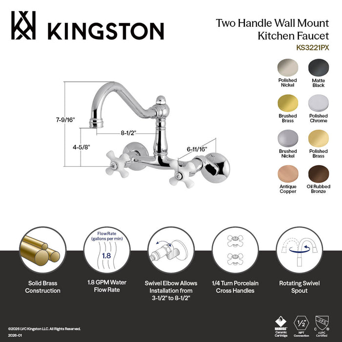 Kingston Heirloom KS3221PX - Vintage Two-Handle 2-Hole Wall Mount Bridge Kitchen Faucet, Polished Chrome