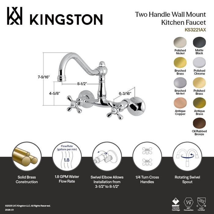 Kingston Heirloom KS3222AX - Vintage Two-Handle 2-Hole Wall Mount Bridge Kitchen Faucet, Polished Brass
