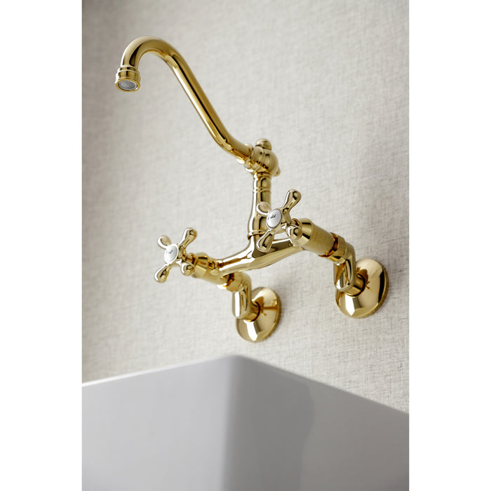 Kingston Heirloom KS3222AX - Vintage Two-Handle 2-Hole Wall Mount Bridge Kitchen Faucet, Polished Brass