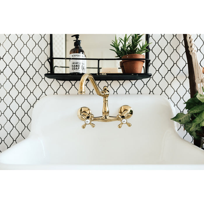 Kingston Heirloom KS3222AX - Vintage Two-Handle 2-Hole Wall Mount Bridge Kitchen Faucet, Polished Brass