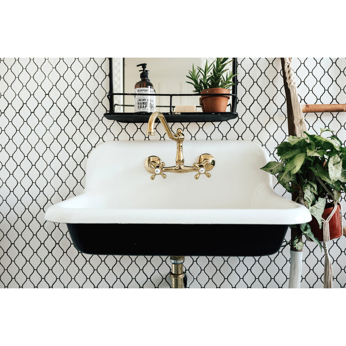 Kingston Heirloom KS3222AX - Vintage Two-Handle 2-Hole Wall Mount Bridge Kitchen Faucet, Polished Brass