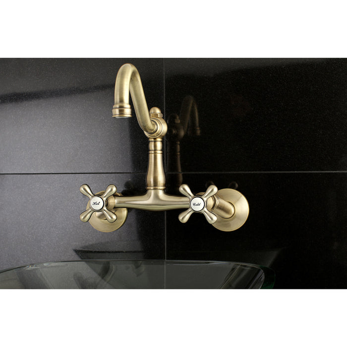 Kingston Heirloom KS3223AX - Vintage Two-Handle 2-Hole Wall Mount Bridge Kitchen Faucet, Antique Brass
