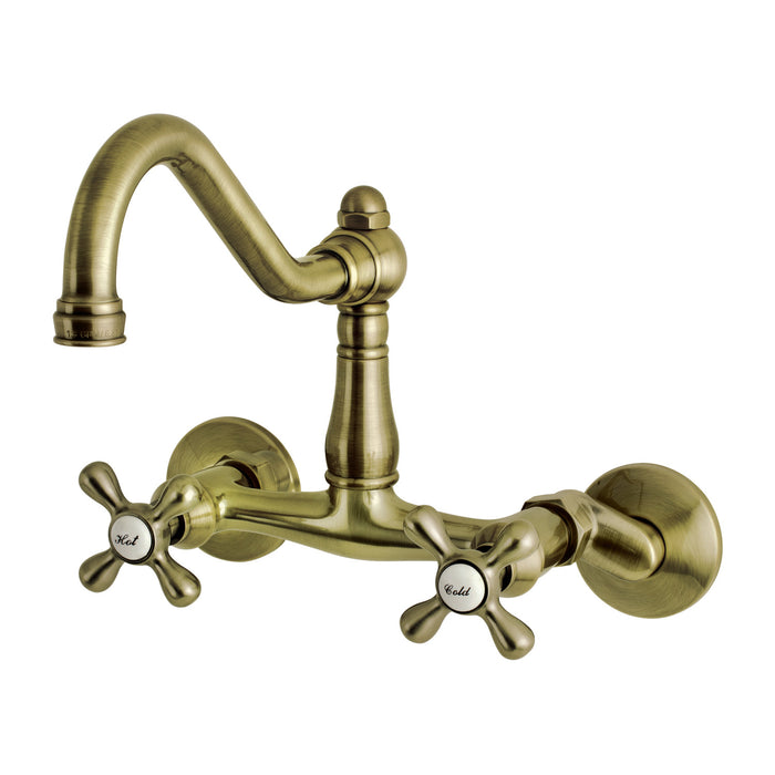 Kingston Heirloom KS3223AX - Vintage Two-Handle 2-Hole Wall Mount Bridge Kitchen Faucet, Antique Brass