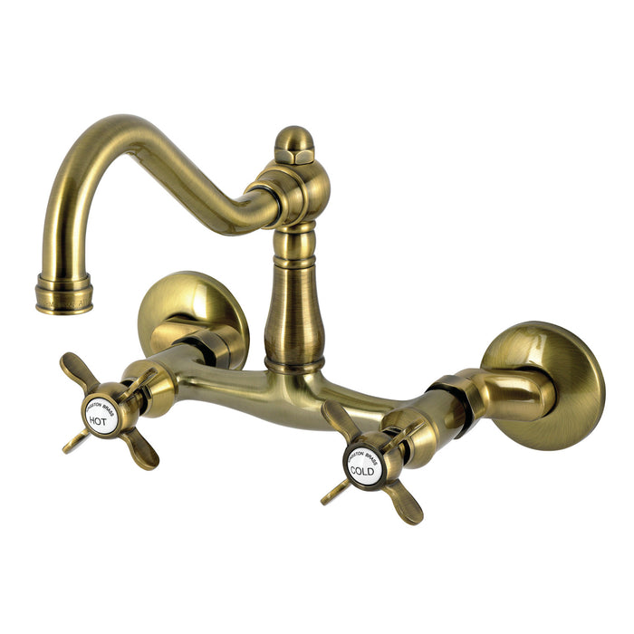 Kingston Heirloom KS3223BEX - Essex Two-Handle 2-Hole Wall Mount Bridge Kitchen Faucet, Antique Brass
