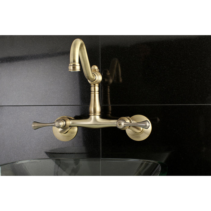 Kingston Heirloom KS3223BL - Vintage Two-Handle 2-Hole Wall Mount Bridge Kitchen Faucet, Antique Brass