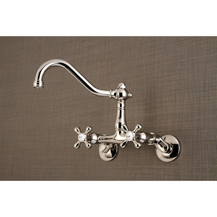 Kingston Heirloom KS3226AX - Vintage Two-Handle 2-Hole Wall Mount Bridge Kitchen Faucet, Polished Nickel