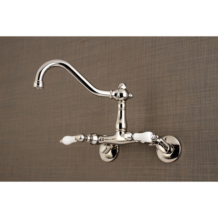 Kingston Heirloom KS3226PL - Vintage Two-Handle 2-Hole Wall Mount Bridge Kitchen Faucet, Polished Nickel