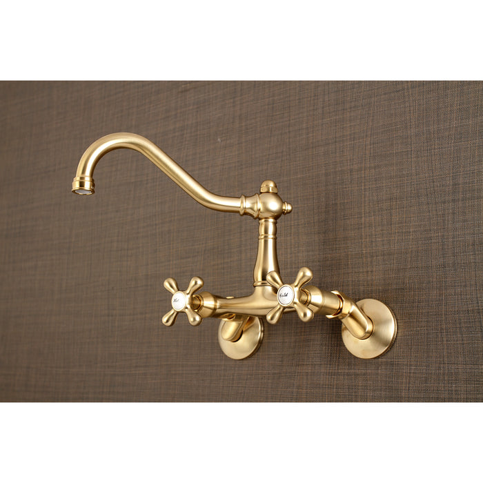 Kingston Heirloom KS3227AX - Vintage Two-Handle 2-Hole Wall Mount Bridge Kitchen Faucet, Brushed Brass