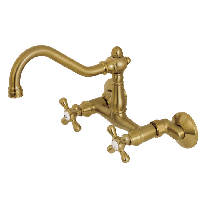 Kingston Heirloom KS3227AX - Vintage Two-Handle 2-Hole Wall Mount Bridge Kitchen Faucet, Brushed Brass