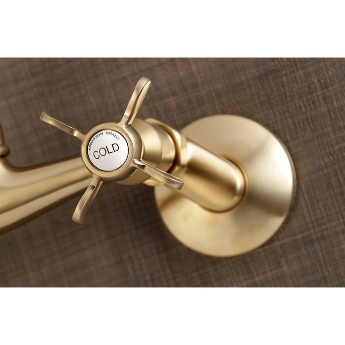 Kingston Heirloom KS3227BEX - Essex Two-Handle 2-Hole Wall Mount Bridge Kitchen Faucet, Brushed Brass