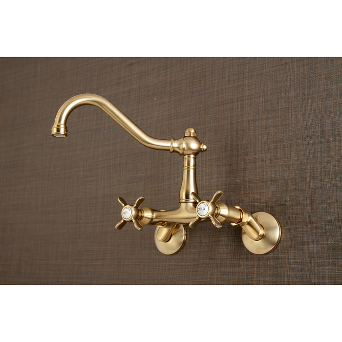 Kingston Heirloom KS3227BEX - Essex Two-Handle 2-Hole Wall Mount Bridge Kitchen Faucet, Brushed Brass