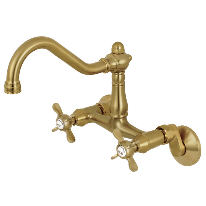 Kingston Heirloom KS3227BEX - Essex Two-Handle 2-Hole Wall Mount Bridge Kitchen Faucet, Brushed Brass