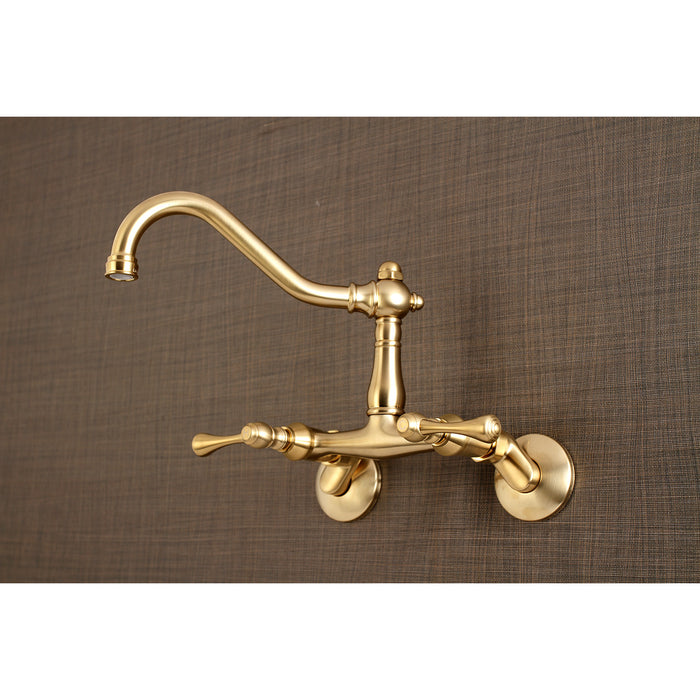 Kingston Heirloom KS3227BL - Vintage Two-Handle 2-Hole Wall Mount Bridge Kitchen Faucet, Brushed Brass