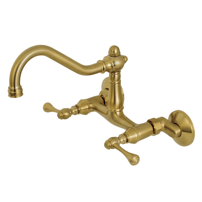 Kingston Heirloom KS3227BL - Vintage Two-Handle 2-Hole Wall Mount Bridge Kitchen Faucet, Brushed Brass