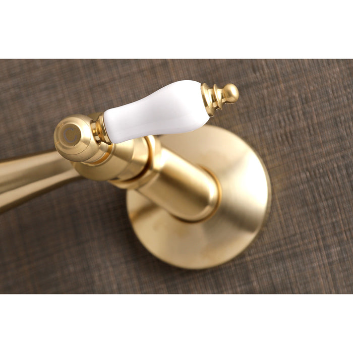 Kingston Heirloom KS3227PL - Vintage Two-Handle 2-Hole Wall Mount Bridge Kitchen Faucet, Brushed Brass