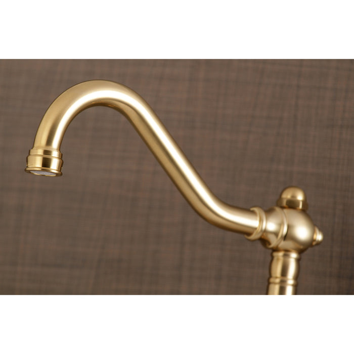 Kingston Heirloom KS3227PL - Vintage Two-Handle 2-Hole Wall Mount Bridge Kitchen Faucet, Brushed Brass