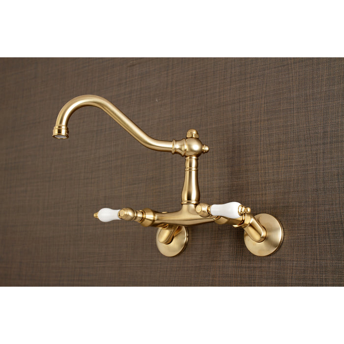 Kingston Heirloom KS3227PL - Vintage Two-Handle 2-Hole Wall Mount Bridge Kitchen Faucet, Brushed Brass
