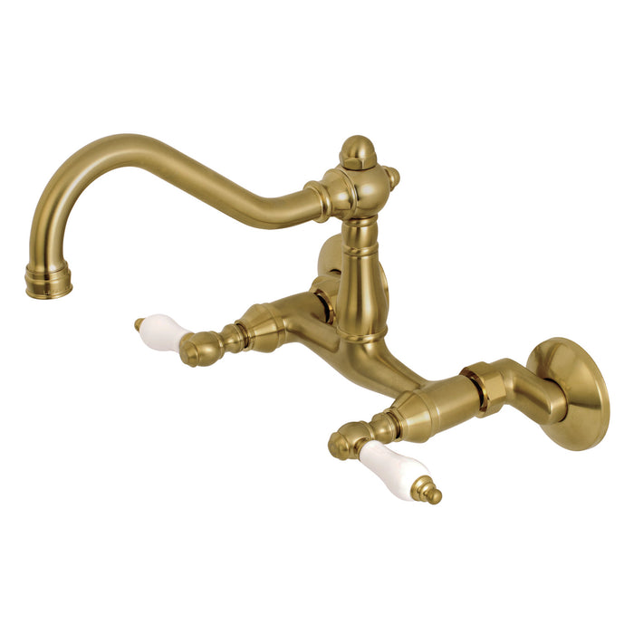 Kingston Heirloom KS3227PL - Vintage Two-Handle 2-Hole Wall Mount Bridge Kitchen Faucet, Brushed Brass