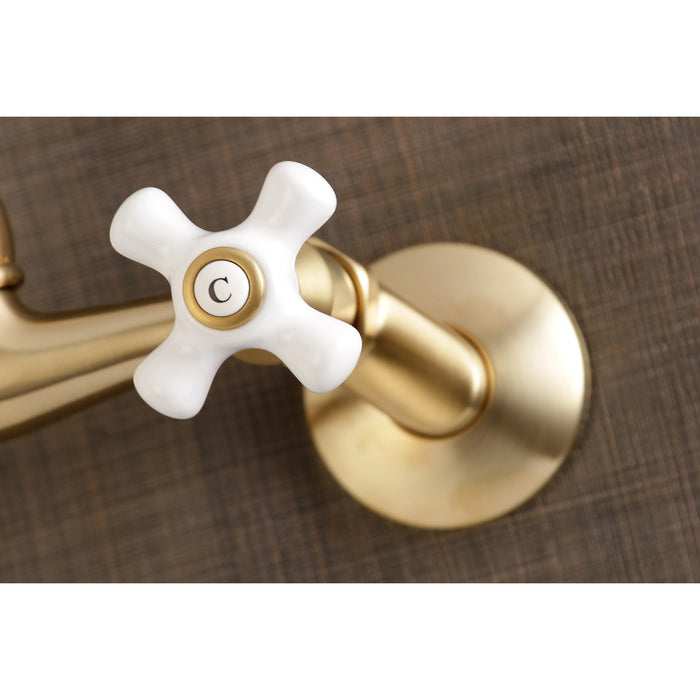 Kingston Heirloom KS3227PX - Vintage Two-Handle 2-Hole Wall Mount Bridge Kitchen Faucet, Brushed Brass