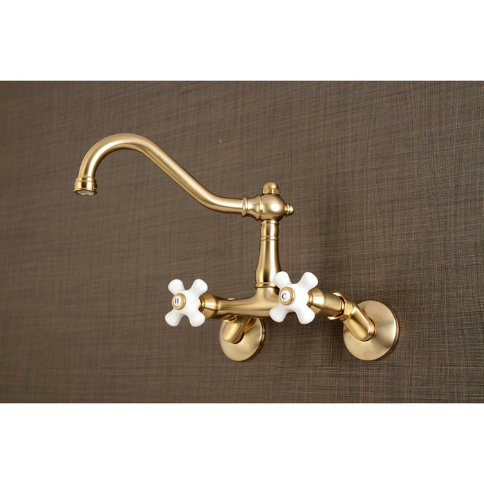 Kingston Heirloom KS3227PX - Vintage Two-Handle 2-Hole Wall Mount Bridge Kitchen Faucet, Brushed Brass