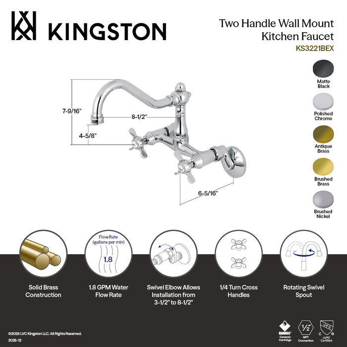 Kingston Heirloom KS3228BEX - Essex Two-Handle 2-Hole Wall Mount Bridge Kitchen Faucet, Brushed Nickel