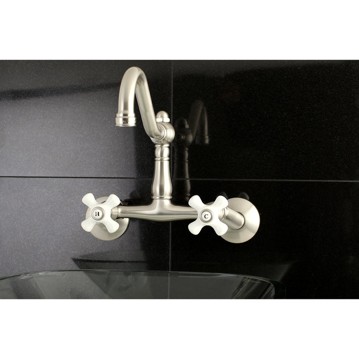 Kingston Heirloom KS3228PX - Vintage Two-Handle 2-Hole Wall Mount Bridge Kitchen Faucet, Brushed Nickel