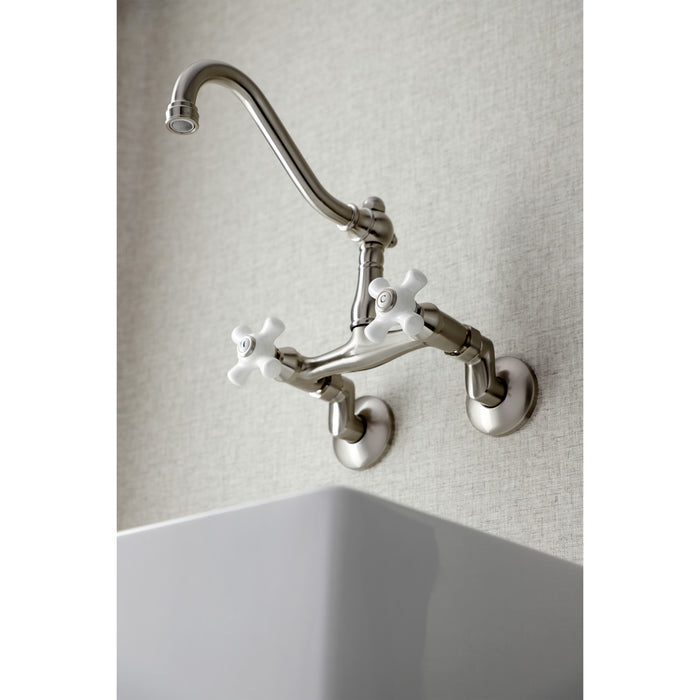 Kingston Heirloom KS3228PX - Vintage Two-Handle 2-Hole Wall Mount Bridge Kitchen Faucet, Brushed Nickel