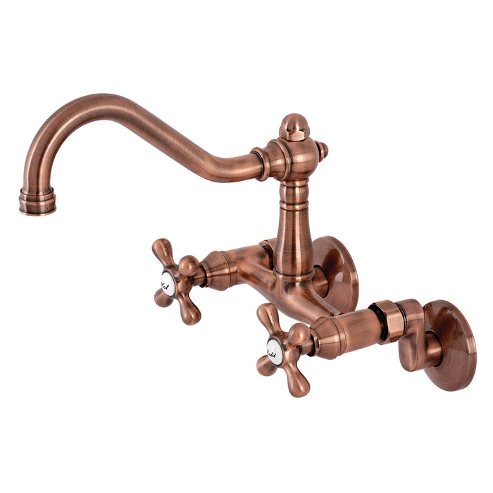 Kingston Heirloom KS322AXAC - Vintage Two-Handle 2-Hole Wall Mount Bridge Kitchen Faucet, Antique Copper