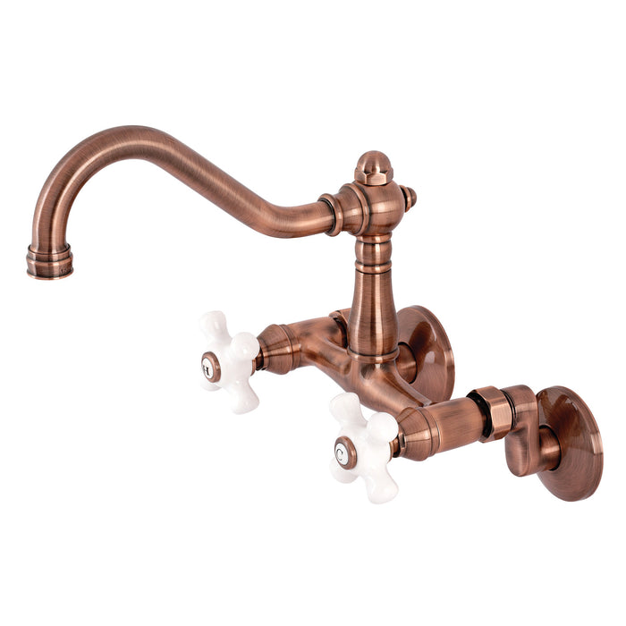 Kingston Heirloom KS322PXAC - Vintage Two-Handle 2-Hole Wall Mount Bridge Kitchen Faucet, Antique Copper