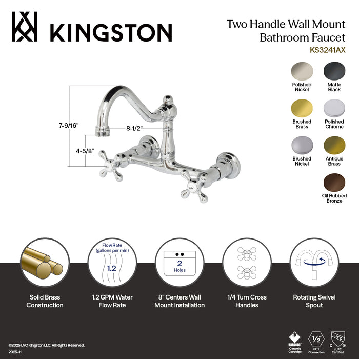Kingston Heirloom KS3240AX - Vintage Double-Handle 2-Hole Wall Mount Bathroom Faucet, Matte Black