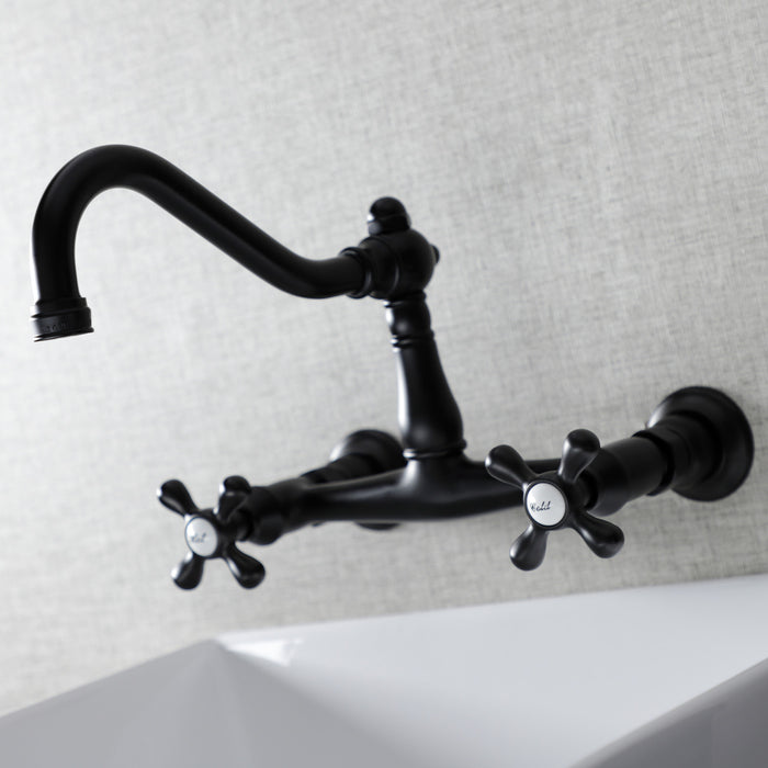 Kingston Heirloom KS3240AX - Vintage Double-Handle 2-Hole Wall Mount Bathroom Faucet, Matte Black