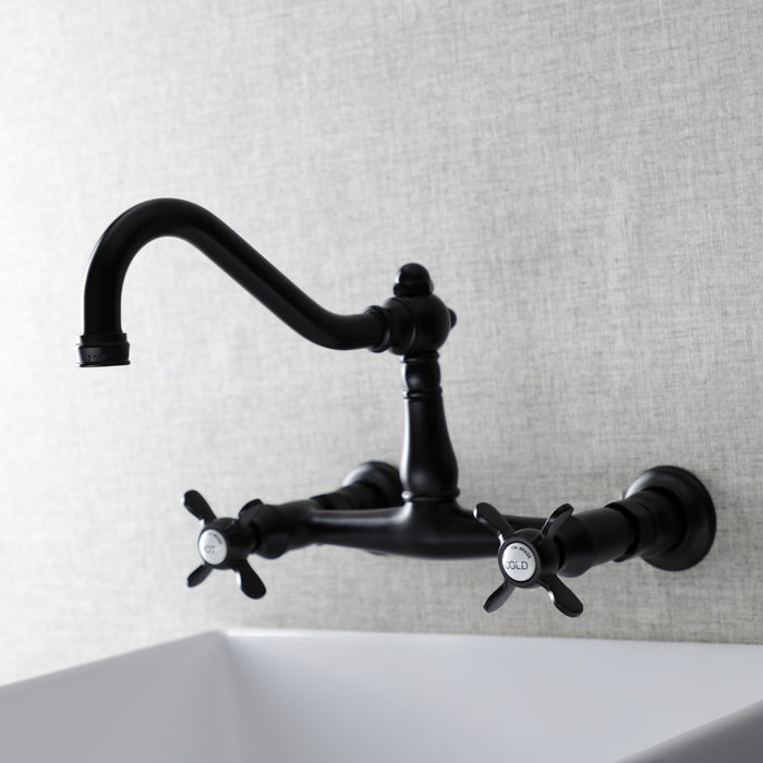 Kingston Heirloom KS3240BEX - Essex Double-Handle 2-Hole Wall Mount Bathroom Faucet, Matte Black