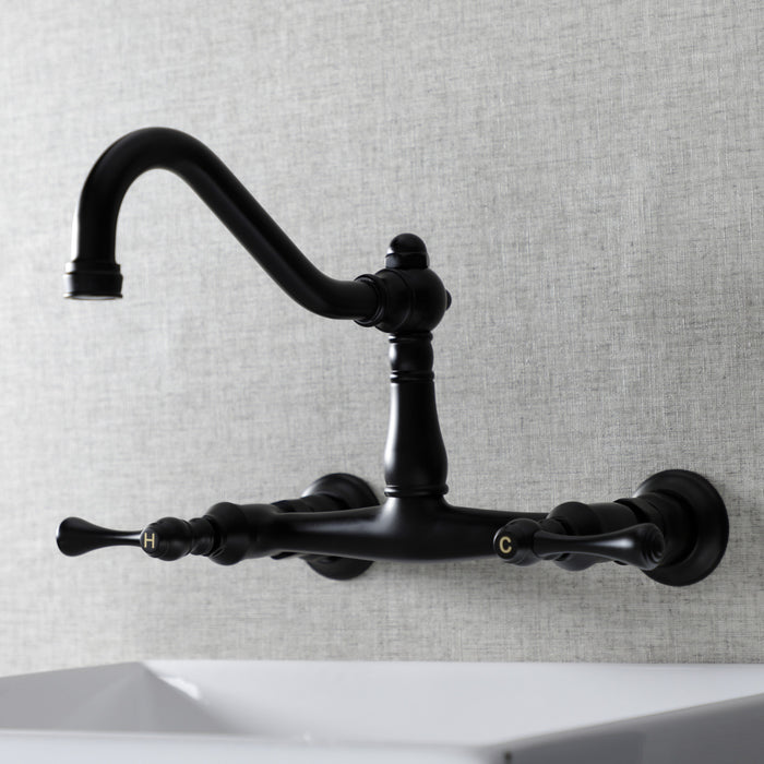 Kingston Heirloom KS3240BL - Vintage Double-Handle 2-Hole Wall Mount Bathroom Faucet, Matte Black