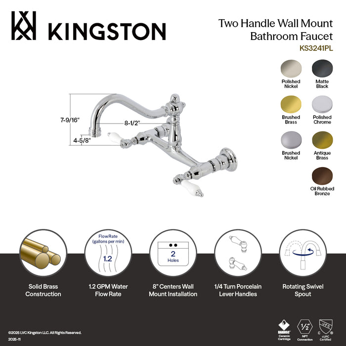 Kingston Heirloom KS3240PL - Vintage Double-Handle 2-Hole Wall Mount Bathroom Faucet, Matte Black