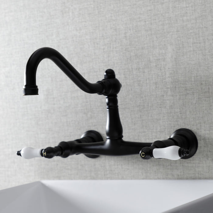 Kingston Heirloom KS3240PL - Vintage Double-Handle 2-Hole Wall Mount Bathroom Faucet, Matte Black