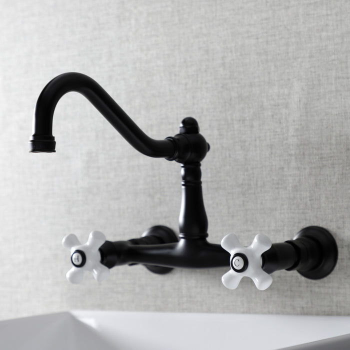 Kingston Heirloom KS3240PX - Vintage Double-Handle 2-Hole Wall Mount Bathroom Faucet, Matte Black