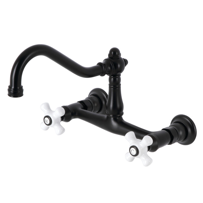 Kingston Heirloom KS3240PX - Vintage Double-Handle 2-Hole Wall Mount Bathroom Faucet, Matte Black
