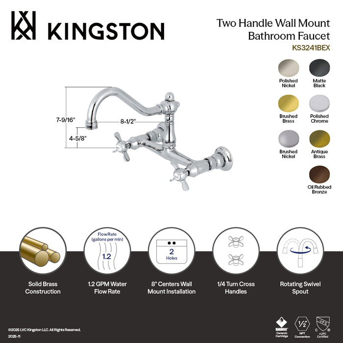 Kingston Heirloom KS3241BEX - Essex Double-Handle 2-Hole Wall Mount Bathroom Faucet, Polished Chrome