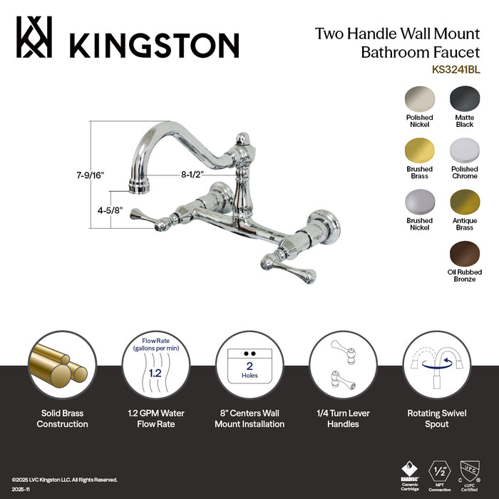 Kingston Heirloom KS3241BL - Vintage Double-Handle 2-Hole Wall Mount Bathroom Faucet, Polished Chrome
