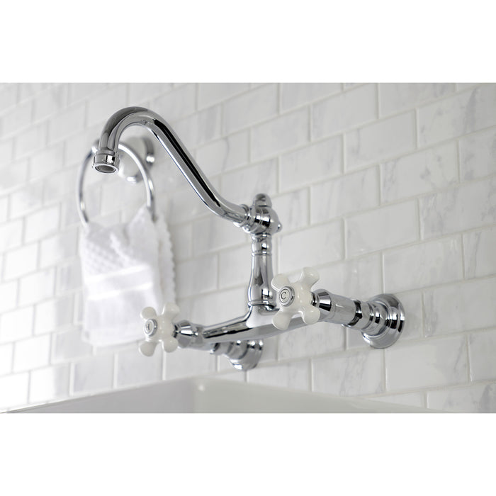 Kingston Heirloom KS3241PX - Vintage Double-Handle 2-Hole Wall Mount Bathroom Faucet, Polished Chrome