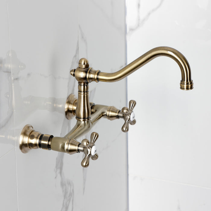 Kingston Heirloom KS3243AX - Vintage Double-Handle 2-Hole Wall Mount Bathroom Faucet, Antique Brass