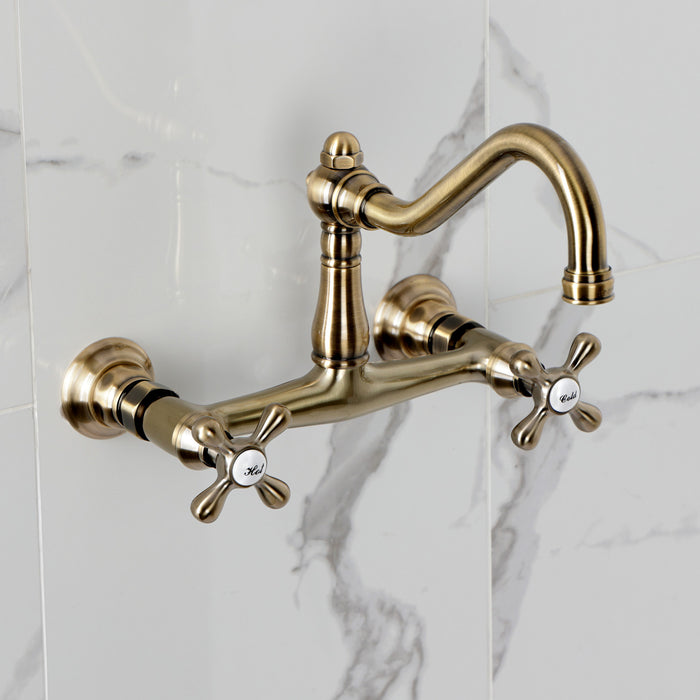 Kingston Heirloom KS3243AX - Vintage Double-Handle 2-Hole Wall Mount Bathroom Faucet, Antique Brass