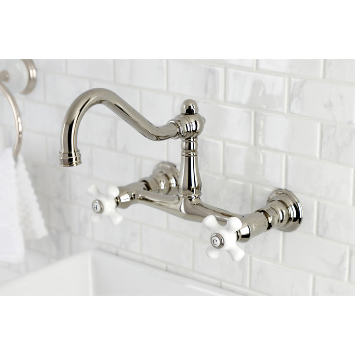 Kingston Heirloom KS3246PX - Vintage Double-Handle 2-Hole Wall Mount Bathroom Faucet, Polished Nickel