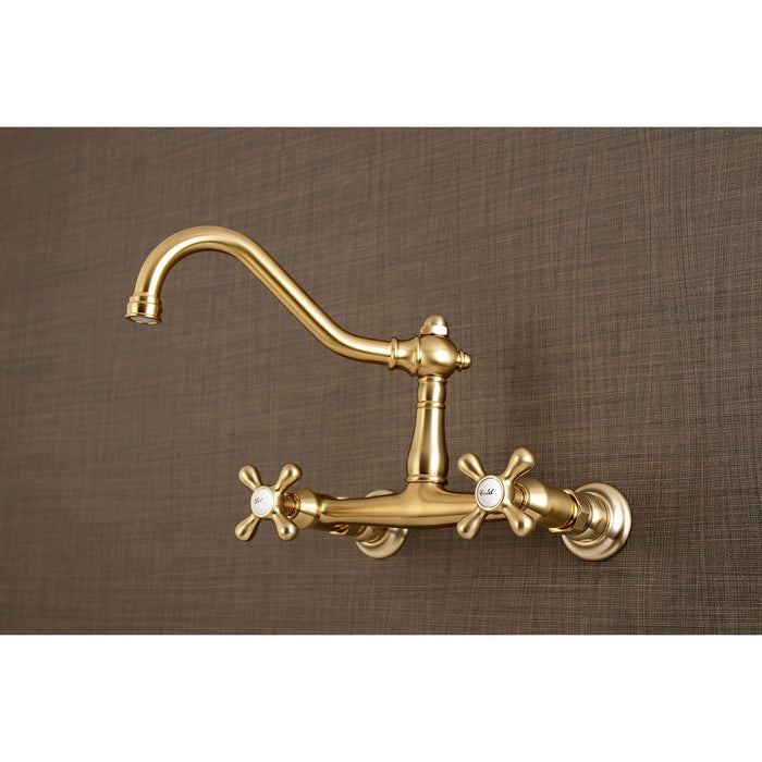 Kingston Heirloom KS3247AX - Vintage Double-Handle 2-Hole Wall Mount Bathroom Faucet, Brushed Brass