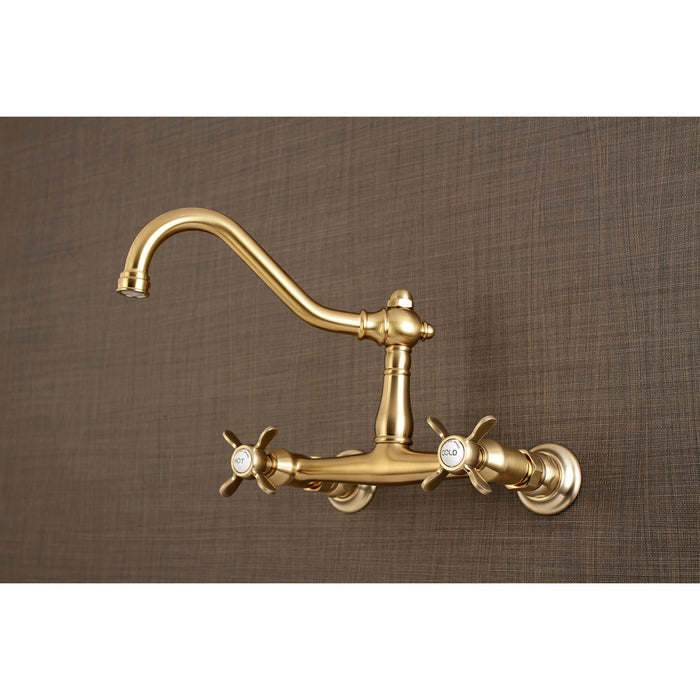 Kingston Heirloom KS3247BEX - Essex Double-Handle 2-Hole Wall Mount Bathroom Faucet, Brushed Brass