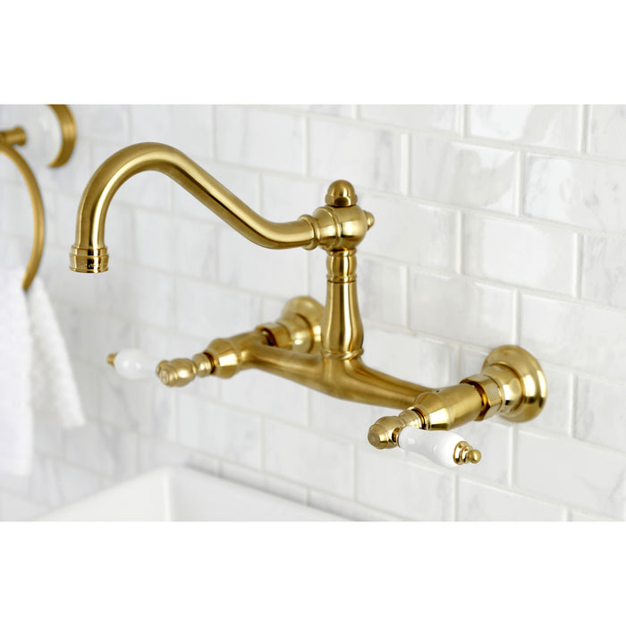 Kingston Heirloom KS3247PL - Vintage Double-Handle 2-Hole Wall Mount Bathroom Faucet, Brushed Brass